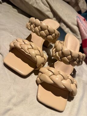 Braided Double-Strap Sandal Heels in Nude